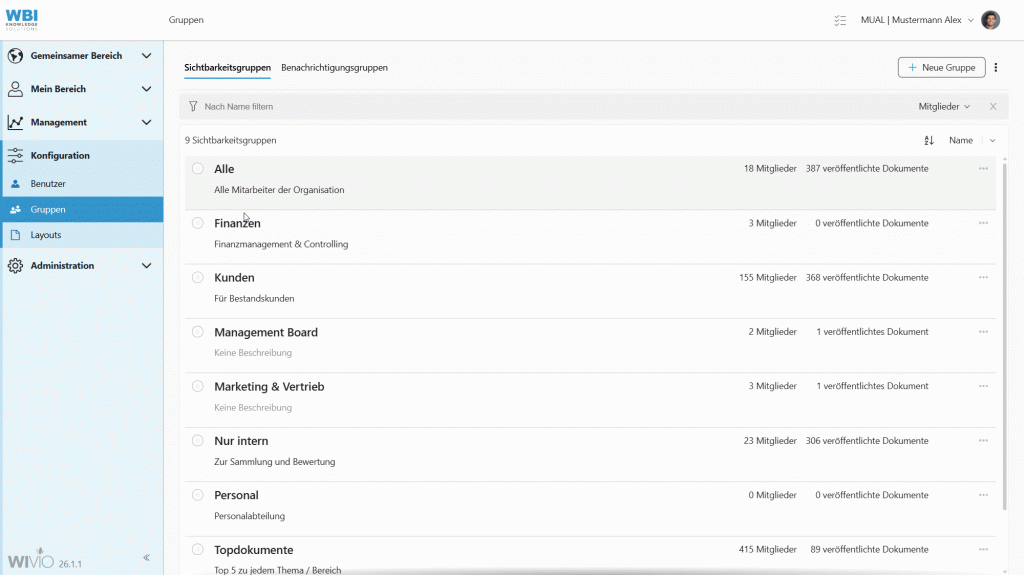Der Screencapture zeigt, wie im smarten Wissensmanagement-Tool WIVIO eine neue Sichtbarkeitsgruppe erstellt wird.