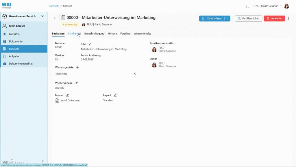 Der Screencapture zeigt, wie im smarten Wissensmanagement-Tool WIVIO bei der Sichtbarkeit eine Gruppe und eine Person zugeordnet werden.