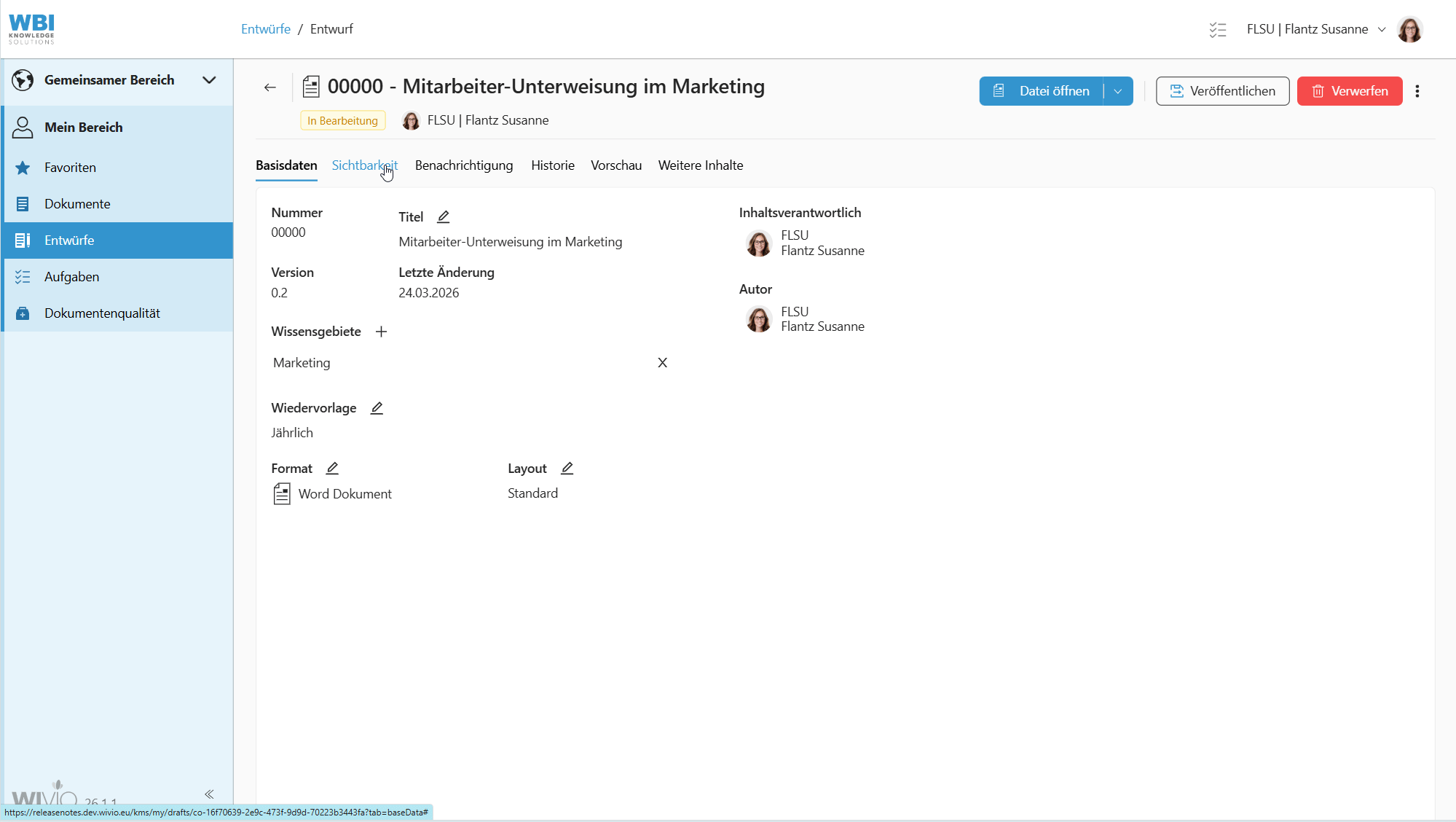 Der Screencapture zeigt, wie im smarten Wissensmanagement-Tool WIVIO bei der Sichtbarkeit eine Gruppe und eine Person zugeordnet werden.