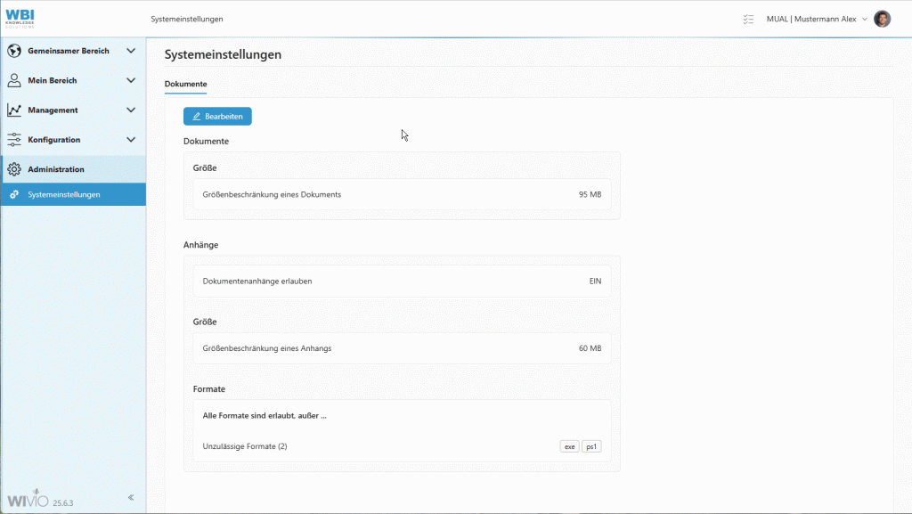 Das Bild zeigt eine animierte Darstellung der Systemeinstellungen in WIVIO. Gezeigt wird, wie der Administrator die Settings für die Datei-Anhänge bearbeiten und speichern kann.