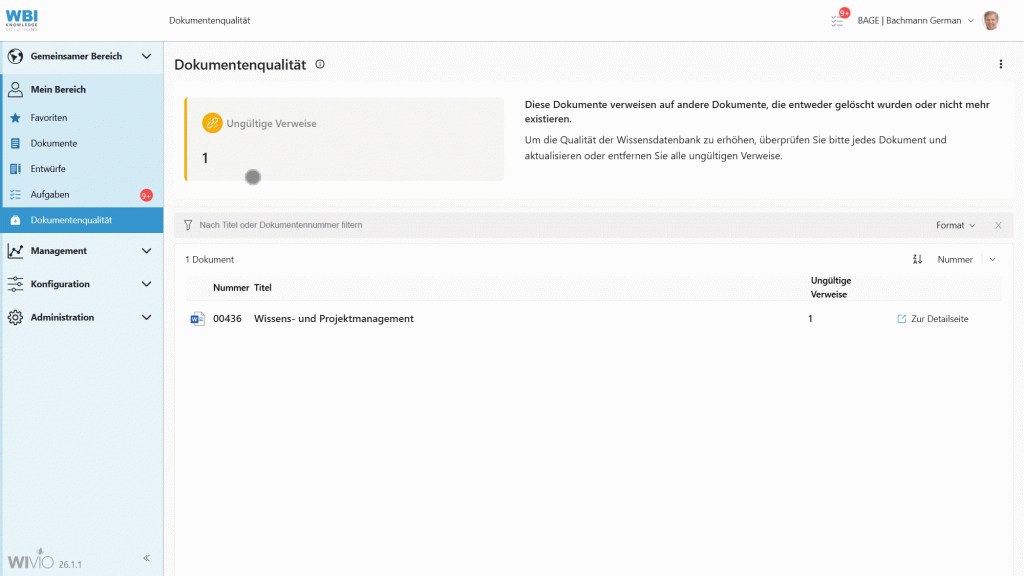 Der Screencapture zeigt das Dashboard für Dokumentenqualität im smarten Wissensmanagement-Tool WIVIO. Zu sehen ist, wie der User German Bachmann die ungültigen Verweise bei seinem Wissensdokument prüft.