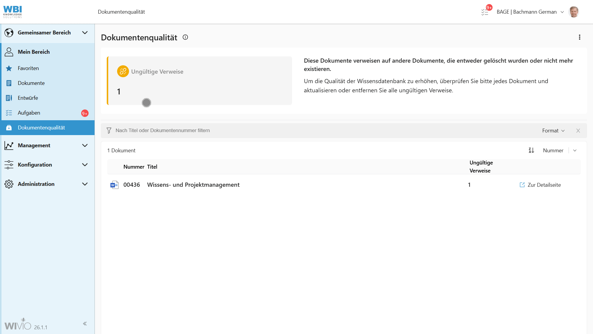 Der Screencapture zeigt das Dashboard für Dokumentenqualität im smarten Wissensmanagement-Tool WIVIO. Zu sehen ist, wie der User German Bachmann die ungültigen Verweise bei seinem Wissensdokument prüft.