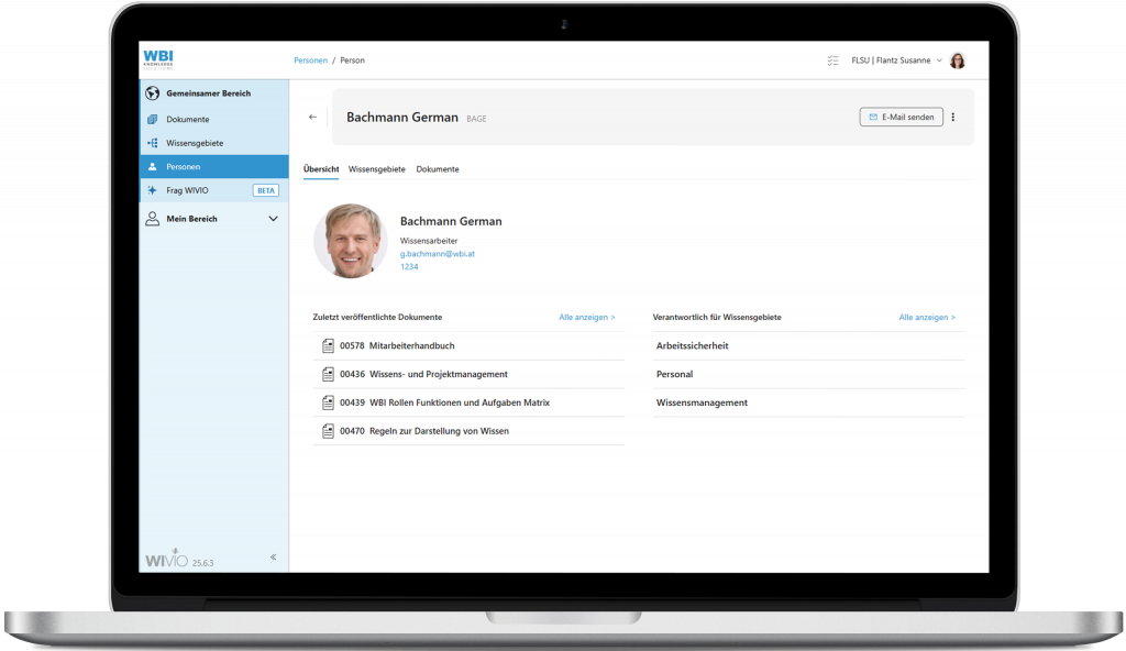 Das Bild zeigt die Benutzeroberfläche des Wissensmanagement-Tools WIVIO. Gezeigt wird die Personen-Seite eines fiktiven Mitarbeiters namens Germann. Auf seiner Übersicht-Seite ist gleich ersichtlich, dass er sowohl Wissensdokumente in WIVIO veröffentlicht hat, als auch mehrere Wissensgebiete verantwortet.