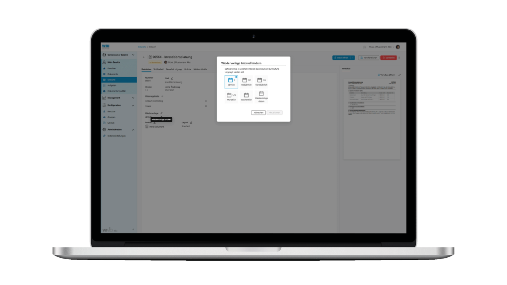 Das Bild zeigt die WIVIO Oberfläche bei der Wahl eines Wiedervorlage-Zyklus.