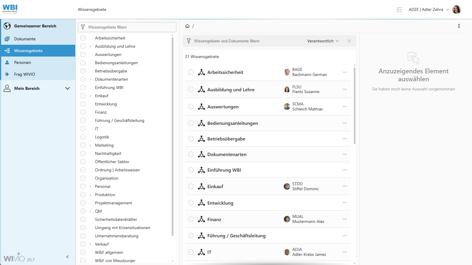 wbi-funktionen-wissensgebiete-Verantwortlicher Das Bild zeigt, wie im Wissensmanagement-Tool WIVIO die Zuständigkeiten für Wissensgebiete dargestellt werden und wie nach dem Wissensgebietverantwortlichen (WGV) gefiltert werden kann.