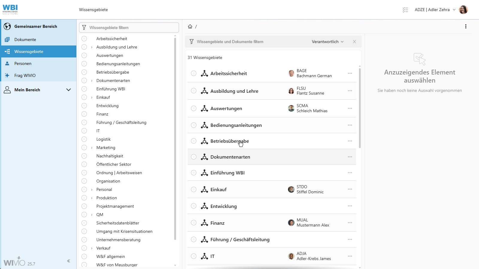 Das Bild zeigt, wie im Wissensmanagement-Tool WIVIO die Wissensgebiete dargestellt sind und gibt einen kurzen Überblick über das Wissensgebiet "Formulare".
