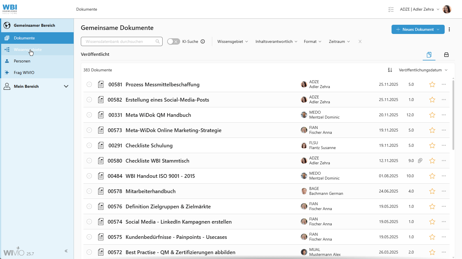 wbi-funktionen-wissensgebiete-struktur Das Bild zeigt die Struktur der Wissensgebiete in WIVIO. Der Benutzer sieht anfangs alle Wissensgebiete auf oberster Ebene und danach durch Klicken auf die Pfeile die untergeordneten Wissensgebiete.