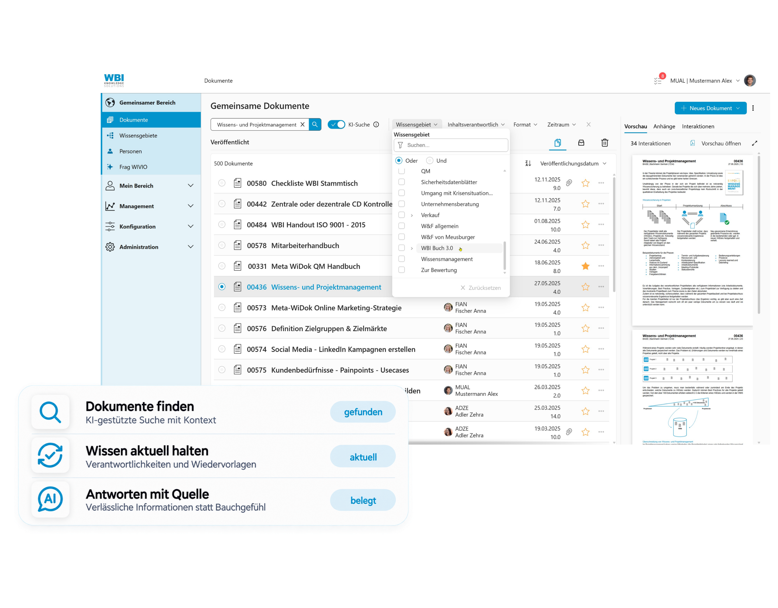 wbi-startseite-wivio-screenshot Das Bild zeigt einen Screenshot der smarten Wissensmanagement-Software WIVIO.