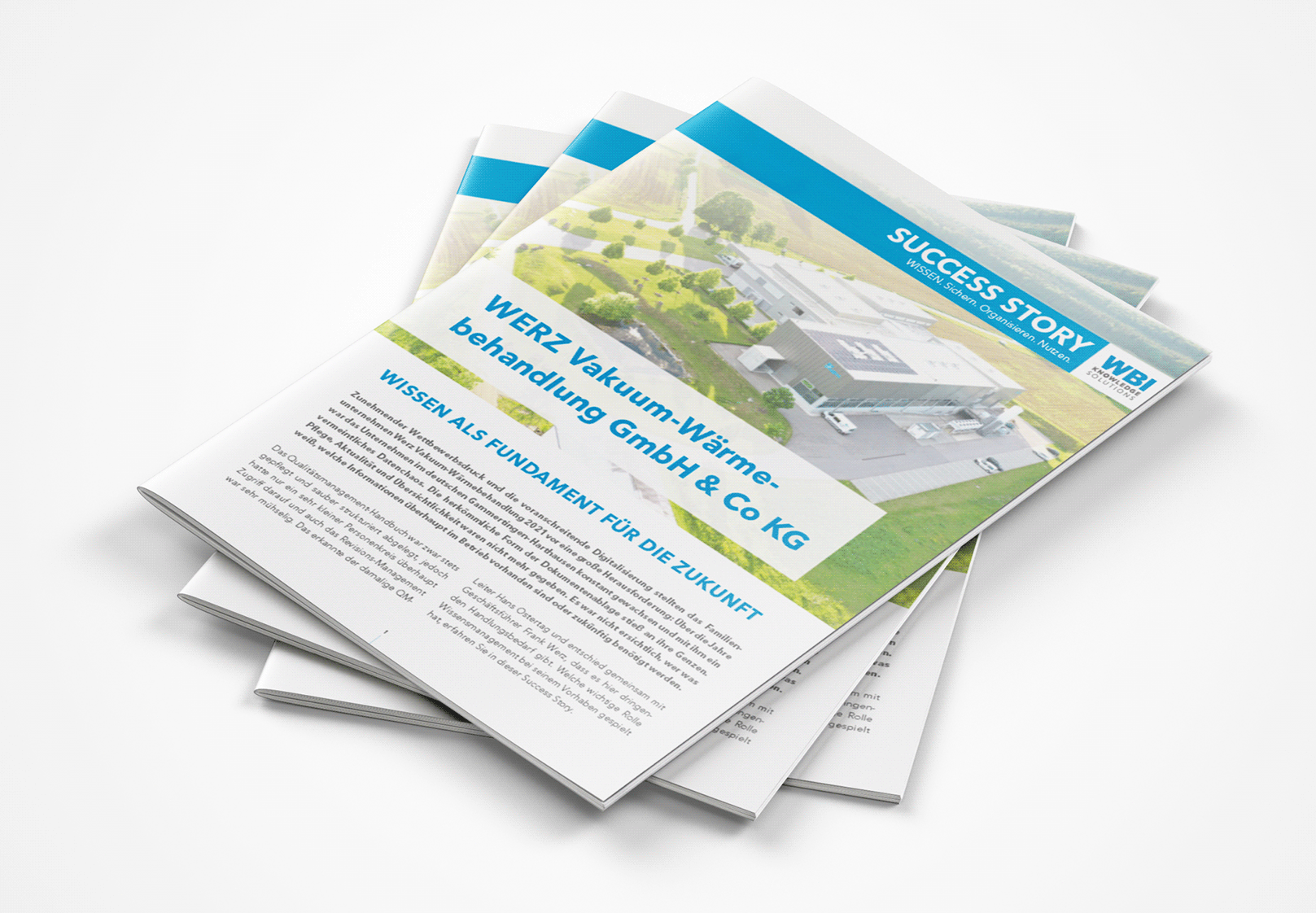 wbi-success-story-werz-stapel-web Das Bild zeigt mehrere Exemplare der Success Story der Firma Werz Vakuumpumpen. In der Case Study erzählen Frank Werz und seine Mitarbeiter:innen, was sie am smarten Wissensmanagement-Tool WIVIO besonders schätzen und wie sie es anwenden.