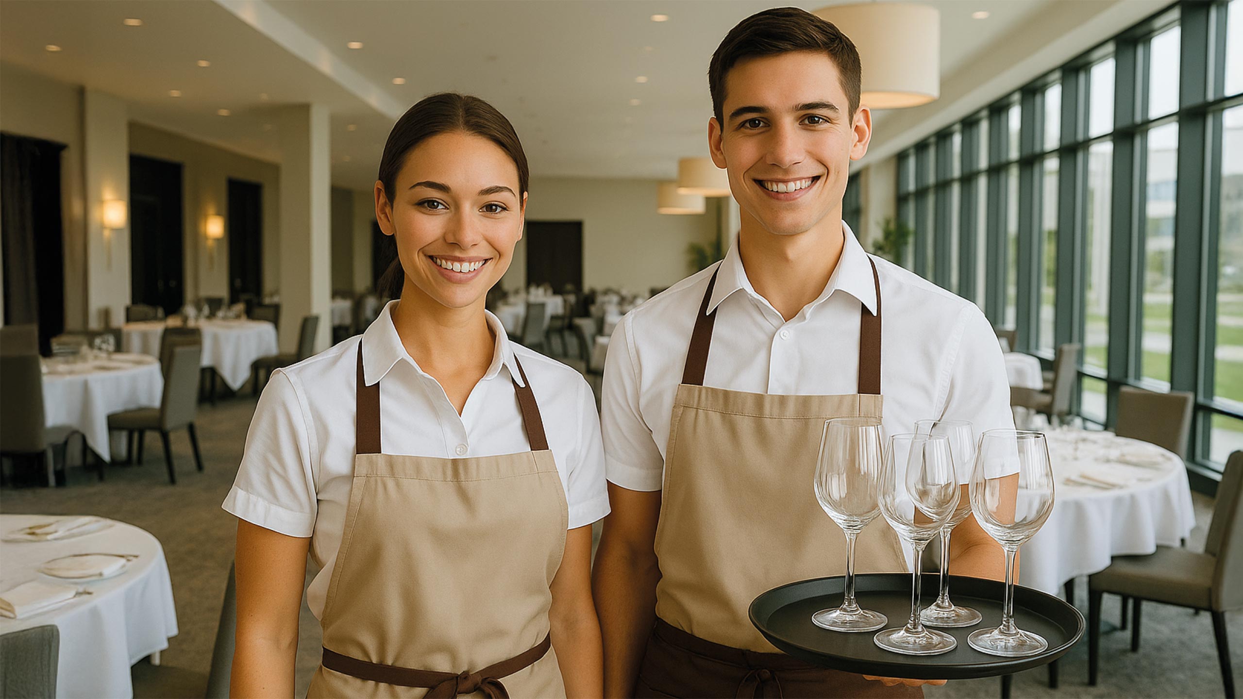 wbi-tourismus-hotel-azubis-web Das Bild zeigt zwei Mitarbeiter:innen aus dem Service, die im Restaurant mit Weingläsern auf das Eintreffen der Gäste warten.