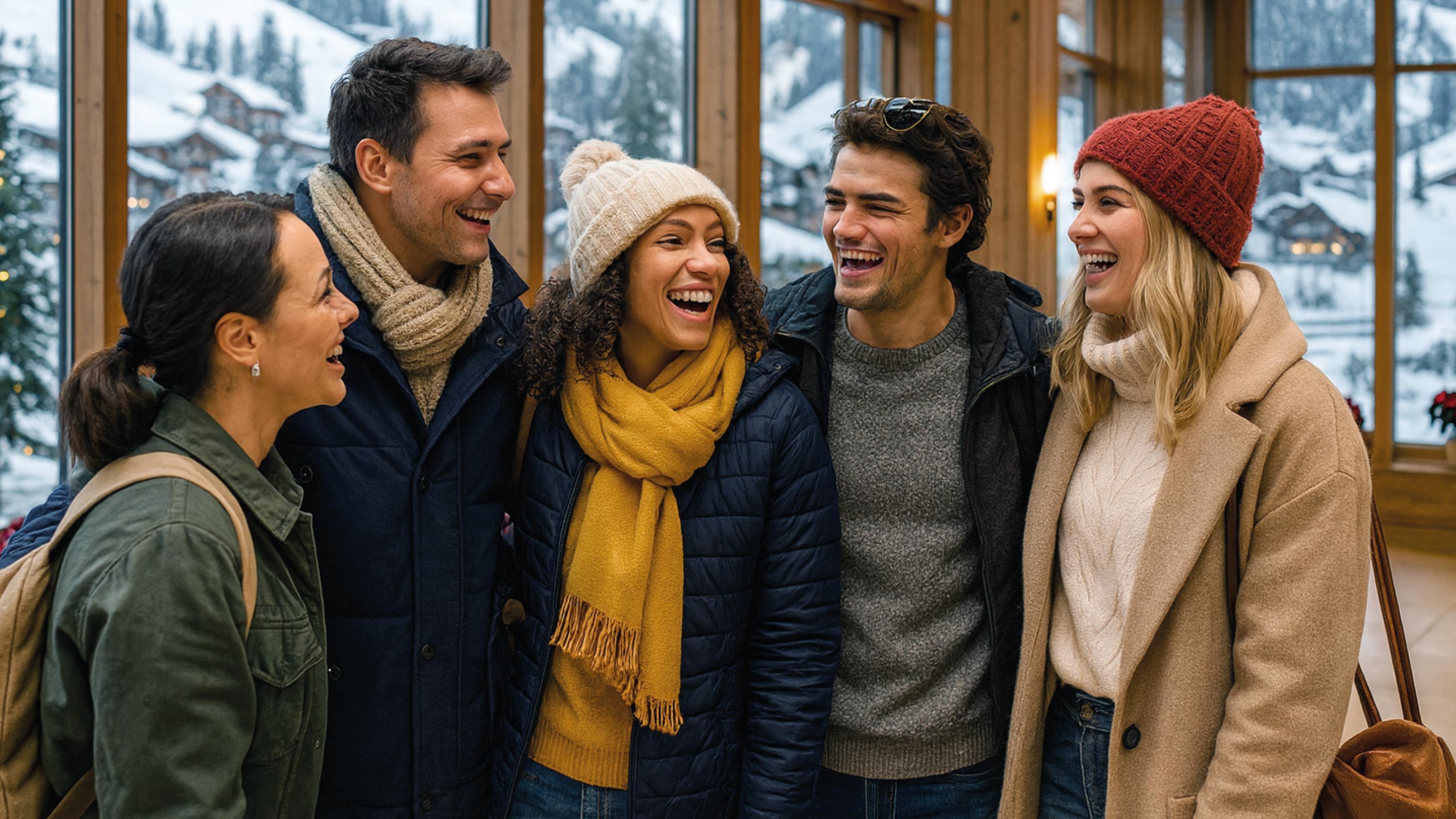 Das Bild zeigt junge, zufriedene Gäste in einem Hotel in den Alpen. Die Frauen und Männer lachen und freuen sich auf einen Spaziergang im Schnee.