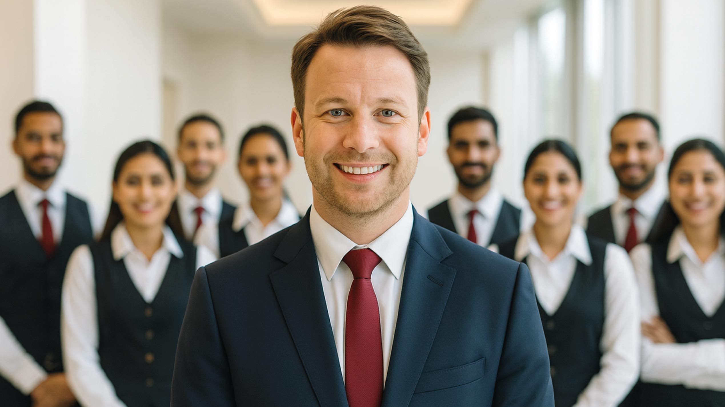 wbi-tourismus-hotel-manager-web Das Bild zeigt einen sympathischen Hotelmanager, der freundlich lächelnd vor seinem Team an Servicekräften steht. Das Team ist sehr international besetzt und lächelt freundlich.