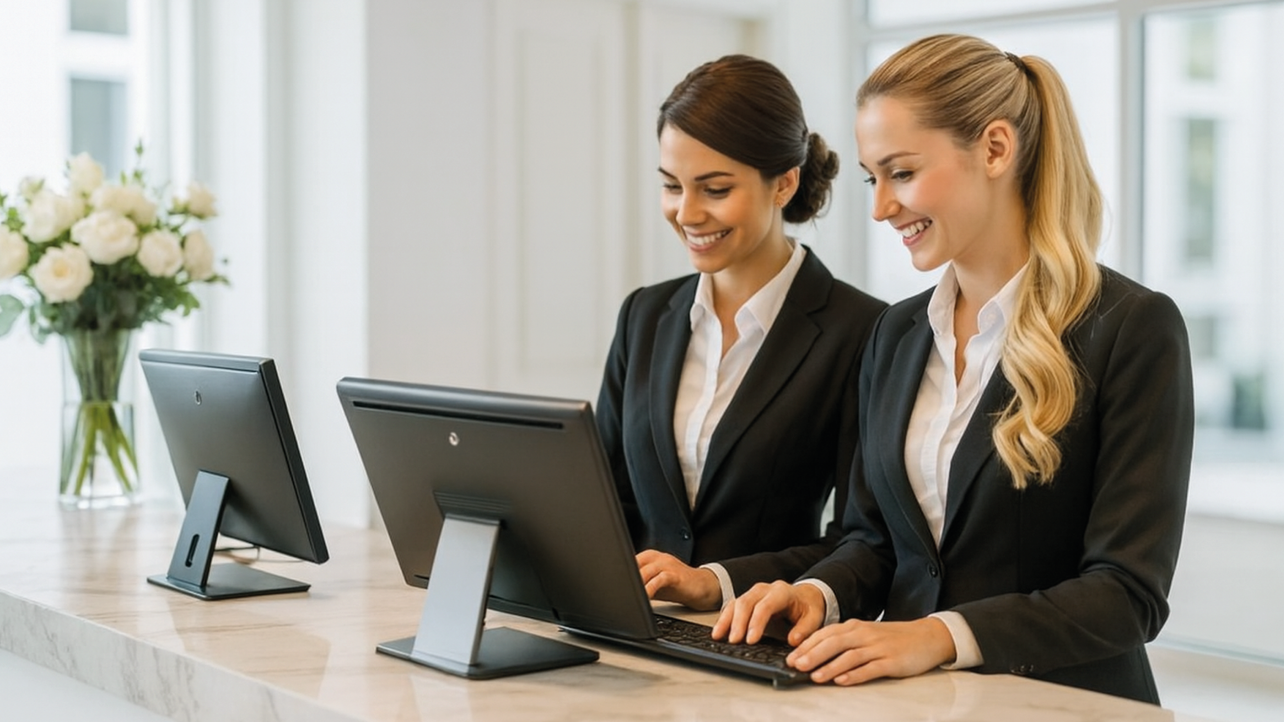 Das Bild zeigt zwei lächelnde junge Damen, die an der Rezeption eines Hotels arbeiten und gerade gemeinsam etwas am PC besprechen. Im Hintergrund ist die moderne Hotellobby sichtbar.