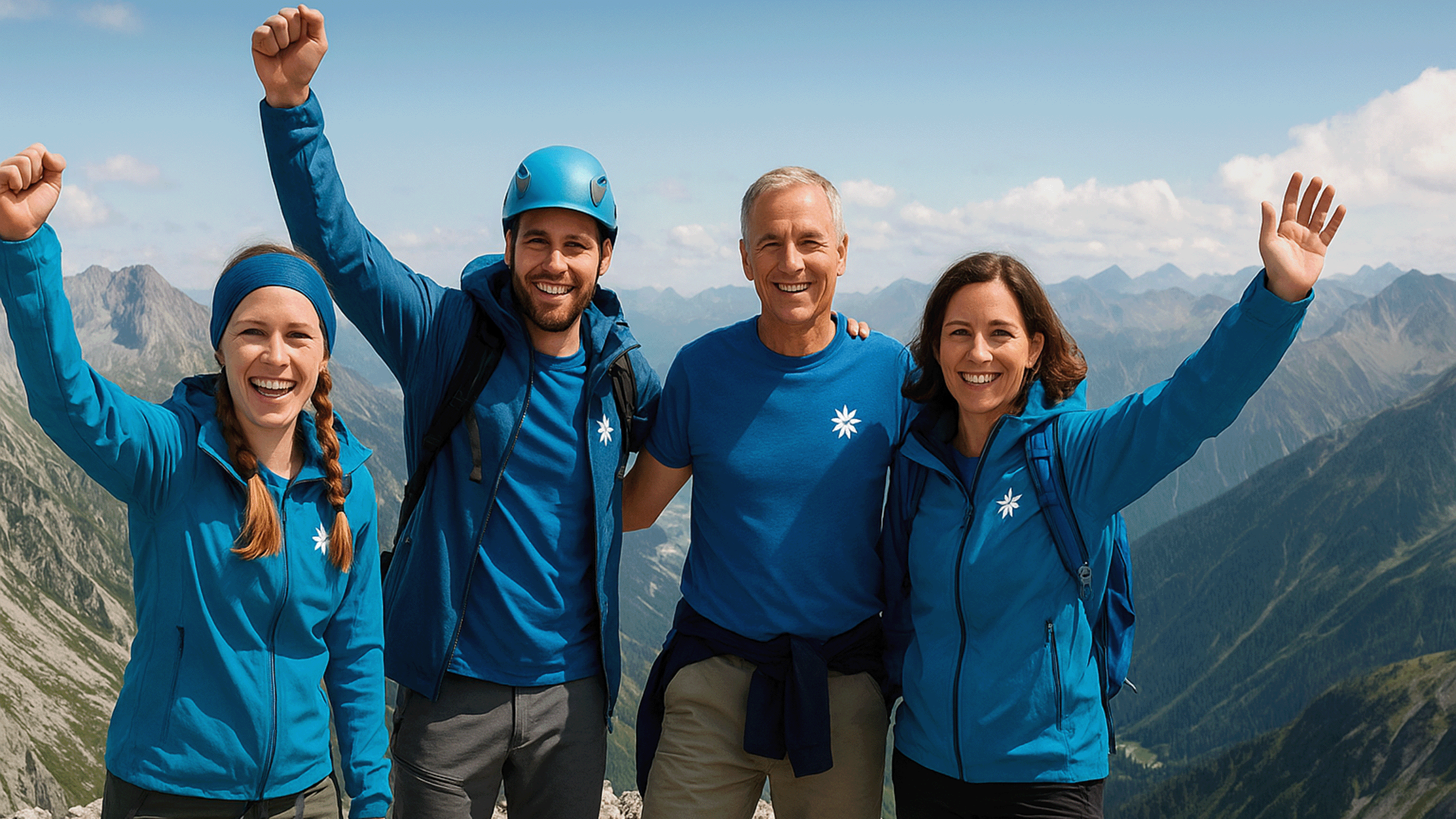 Das Bild zeigt vier Mitglieder des Alpenverein, die auf einem Berggipfel stehen und jubeln.