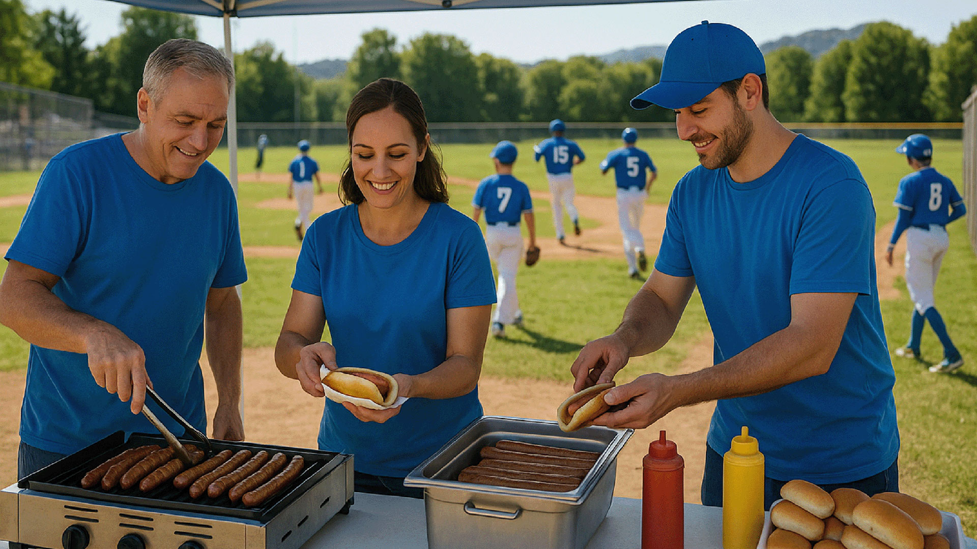 Drei Erwachsene grillen Hotdogs nahe eines Baseballfelds, im Hintergrund wird Baseball gespielt.