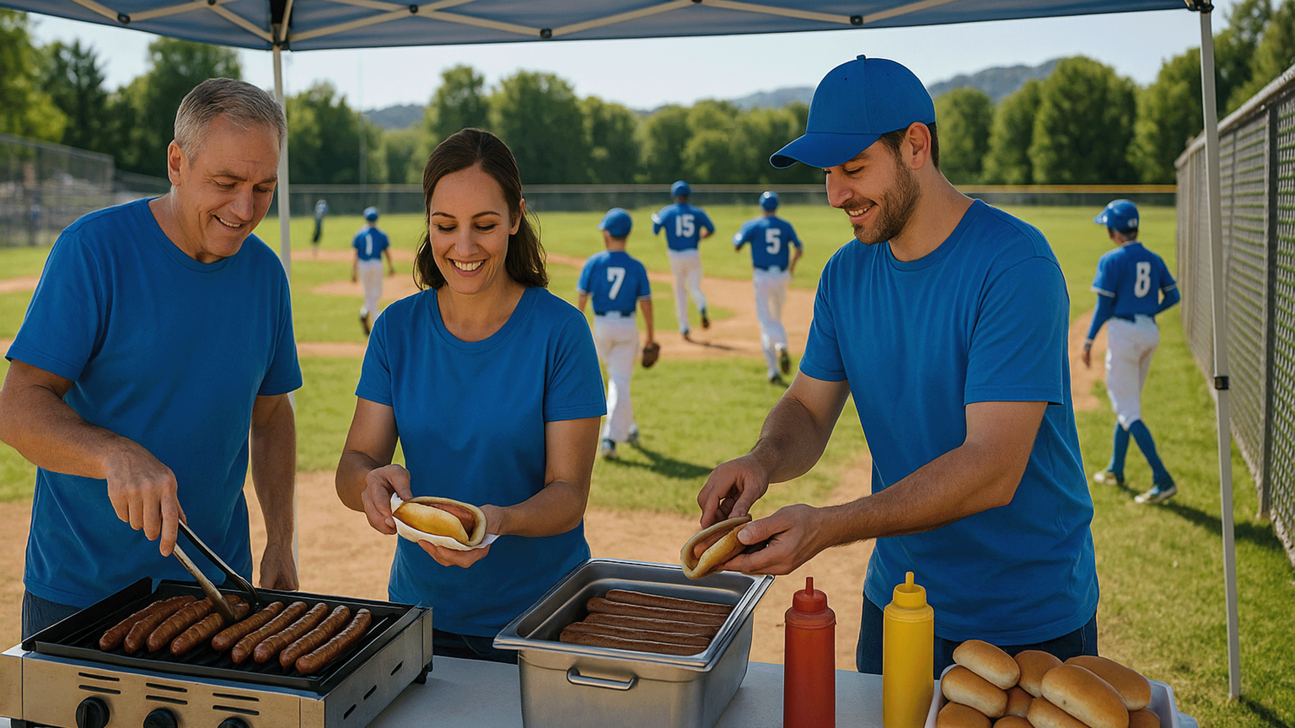 Das Bild zeigt drei Eltern bzw. Großeltern von Vereinsmitgliedern, die bei einem Baseball-Spiel beim Verkauf und Verteilen von Hotdogs helfen und ehrenamtlich arbeiten.